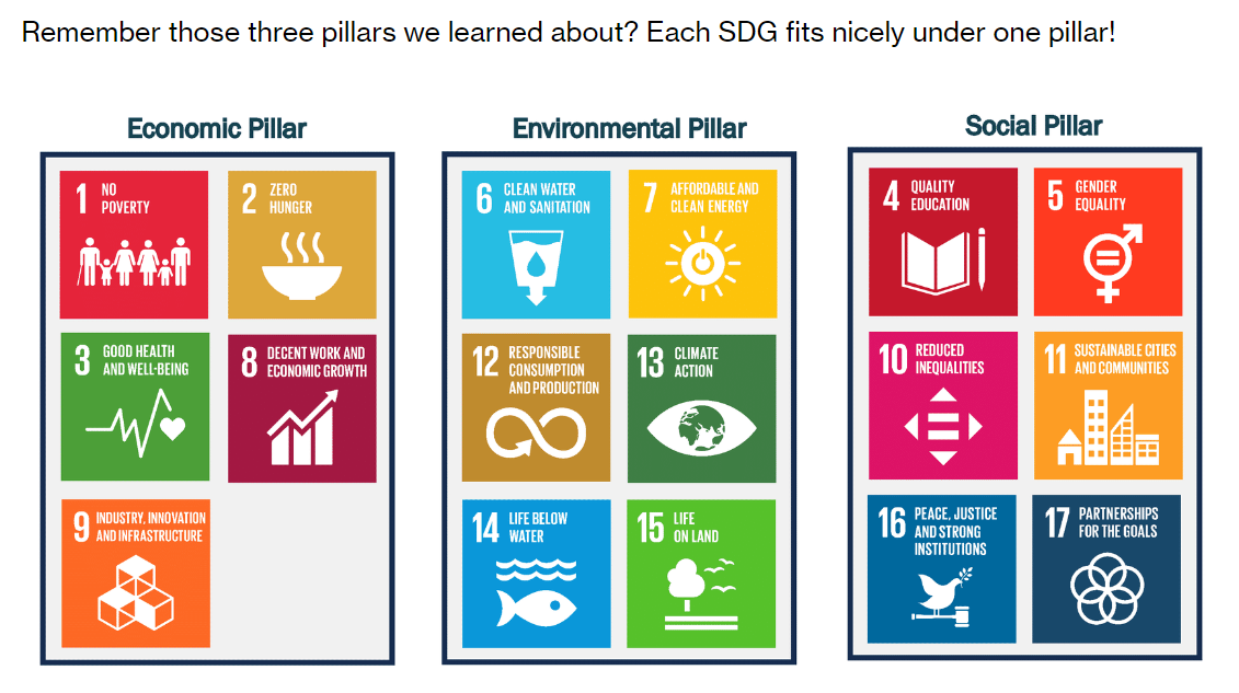 Sustainable Development Goals sorted into economic, environmental, and social groups