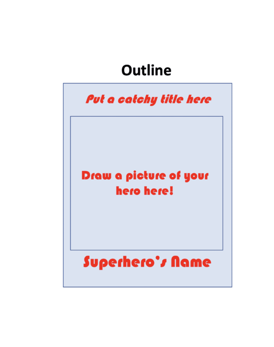 Cover guide showing where to place the comic title, hero drawing, and hero name