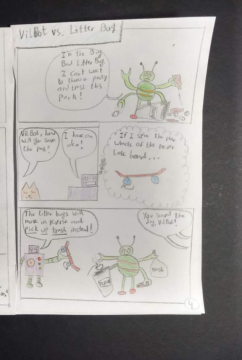 A hand-drawn four-panel comic in which VILBot sees a litter bug, chooses to help, uses the Never-Late Board, and changes what happens in the park