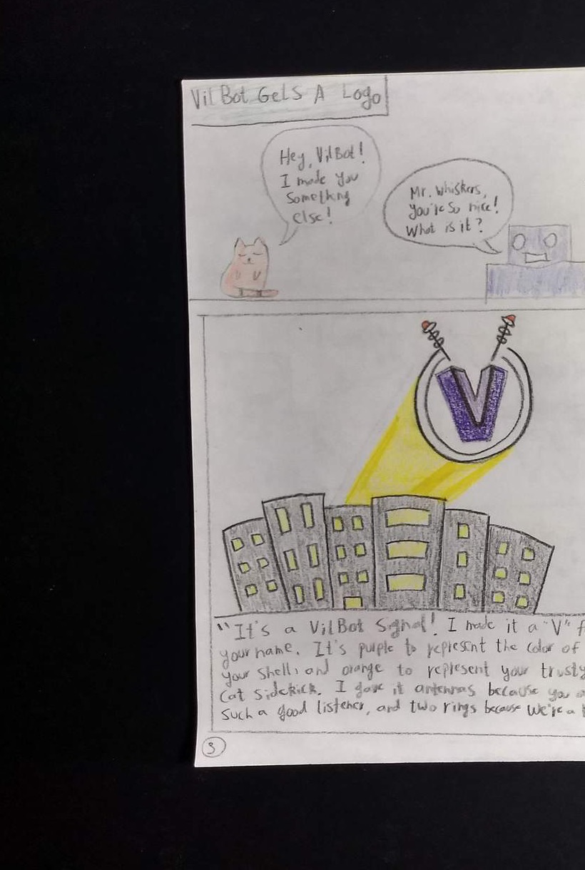 A hand-drawn VILBot comic page with a large purple V logo, two antenna rings, a city background, and a written explanation of the design choices