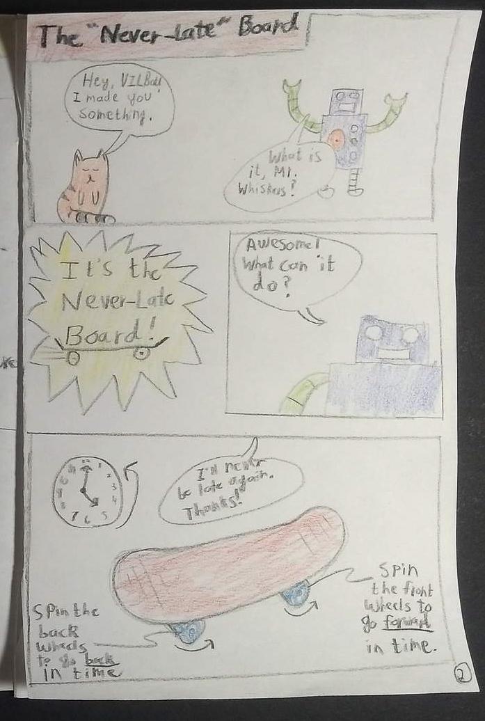 A hand-drawn comic page showing VILBot receiving a Never-Late Board gadget and how its wheels move forward or backward