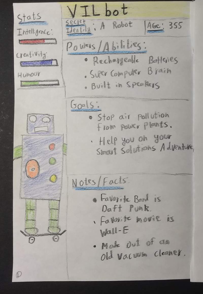 A hand-drawn VILBot biography page with labeled sections for stats, abilities, goals, facts, and a drawing of the hero