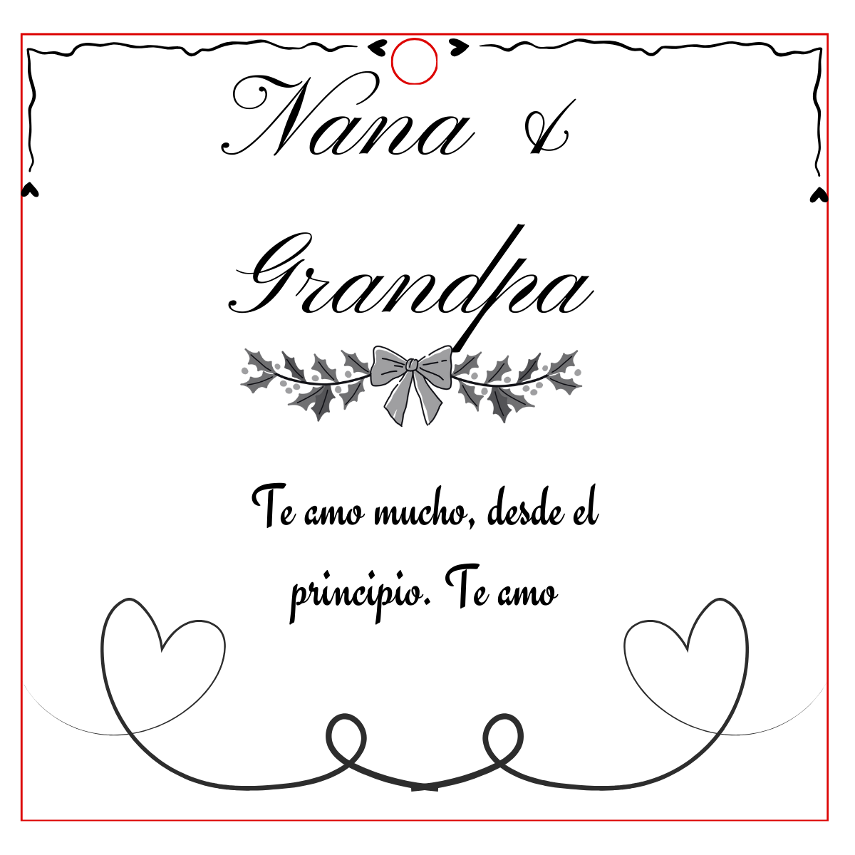 Real ornament design file with a closed red outer path, circular hanging hole, lettering, bow, holly, and heart details